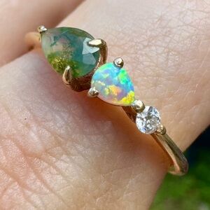Rare solid 10k gold genuine diamond/ moss agate/opal ring high end$2222